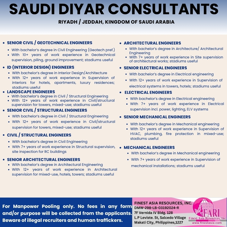 SENIOR CIVIL GEOTECHNICAL ENGINEERS / ID (INTERIOR DESIGN) ENGINEERS / LANDSCAPE ENGINEERS / SENIOR CIVIL STRUCTURAL ENGINEERS /CIVIL STRUCTURAL ENGINEERS / SENIOR ARCHITECTURAL ENGINEERS / ARCHITECTURAL ENGINEERS / SENIOR ELECTRICAL ENGINEERS / ELECTRICAL ENGINEERS / SENIOR MECHANICAL ENGINEERS / MECHANICAL ENGINEERS