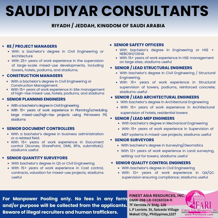 RE PROJECT MANAGERS / CONSTRUCTION MANAGERS / SENIOR PLANNING ENGINEERS / SENIOR DOCUMENT CONTROLLERS / SENIOR QUANTITY SURVEYORS / SENIOR SAFETY OFFICERS / SENIOR LEAD STRUCTURAL ENGINEERS / SENIOR LEAD ARCHITECTURAL ENGINEERS / SENIOR LEAD MEP ENGINEERS / SENIOR SURVEYORS / SENIOR QUALITY CONTROL ENGINEERS