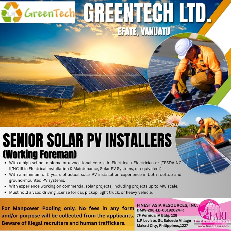 SENIOR SOLAR PV INSTALLERS (Working Foreman)
