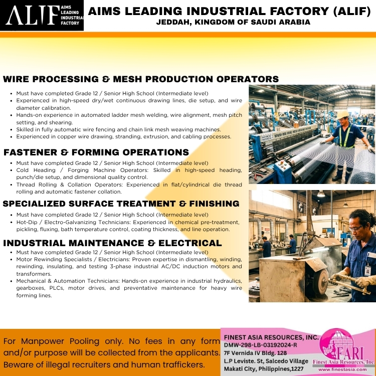 WIRE PROCESSING & MESH PRODUCTION OPERATORS FASTENER & FORMING OPERATIONS SPECIALIZED SURFACE TREATMENT & FINISHING INDUSTRIAL MAINTENANCE & ELECTRICAL