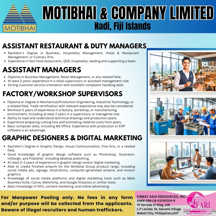 Assistant Retaurant & Duty Managers / Assistant Managers / Factory Workshop Supervisors / Graphic Designers & Digital Marketing