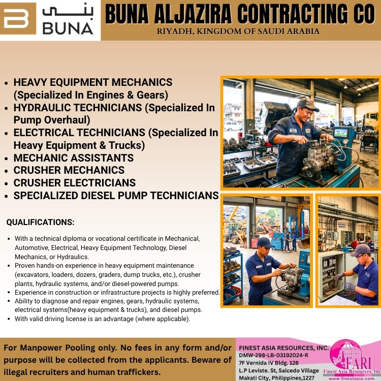 Heavy Equipment Mechanics (Specialized In Engines & Gears) Hydraulic Technicians (Specialized In Pump Overhaul) Electrical Technicians (Specialized In Heavy Equipment & Trucks) Mechanic Assistants Crusher Mechanics Crusher Electricians Specialized Diesel Pump Technicians