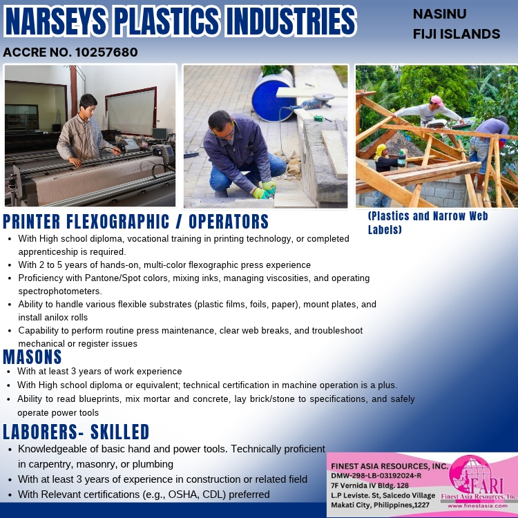 PRINTER FLEXOGRAPHIC / OPERATORS MASONS LABORERS– SKILLED
