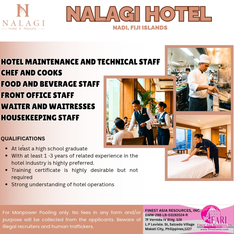 HOTEL MAINTENANCE AND TECHNICAL STAFF CHEF AND COOKS FOOD AND BEVERAGE STAFF FRONT OFFICE STAFF WAITER and WAITRESSES HOUSEKEEPING STAFF